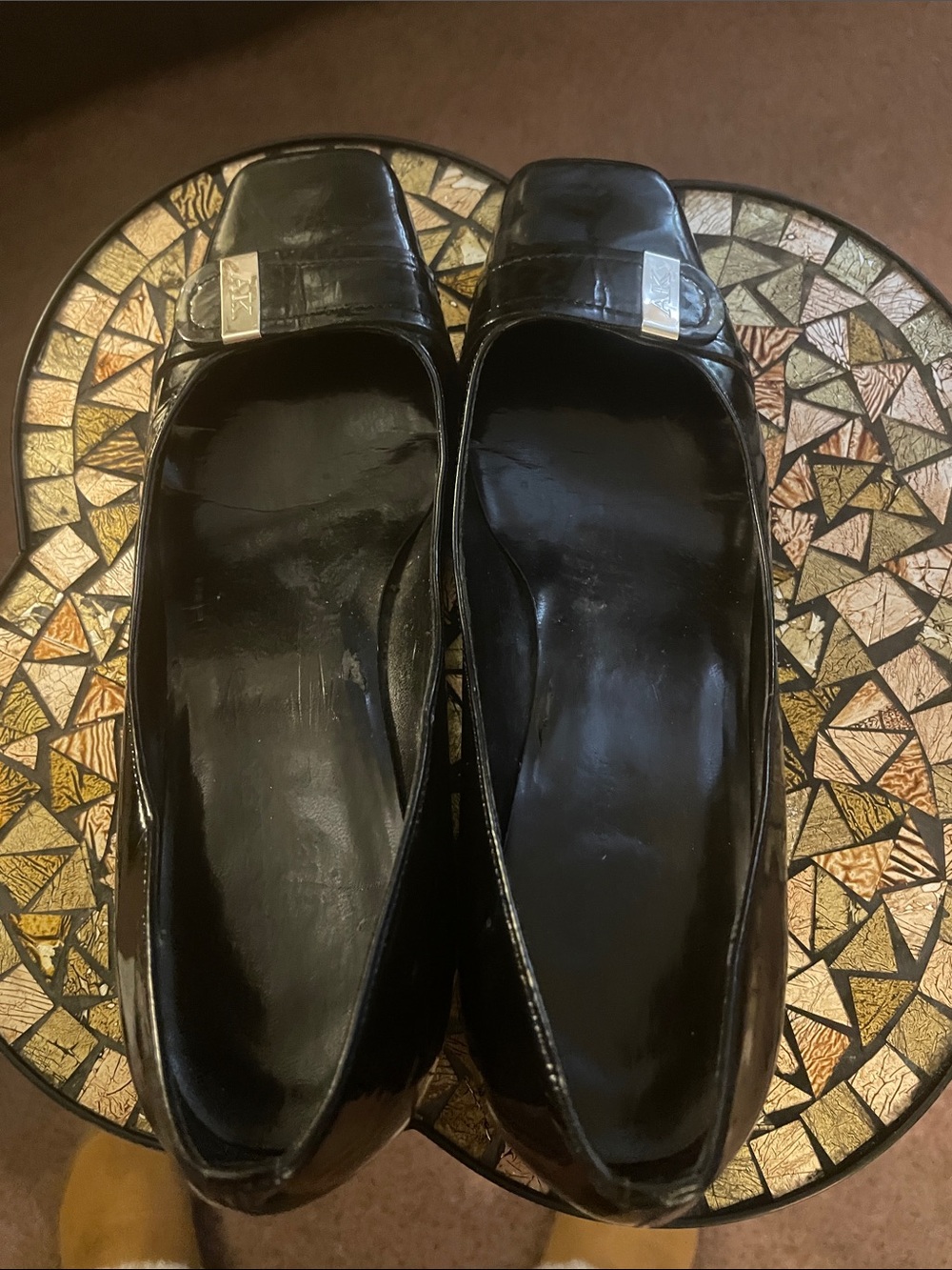 Kenneth Cole Reaction Black Patent Square Toe Low Heel Pumps with Silver Accent